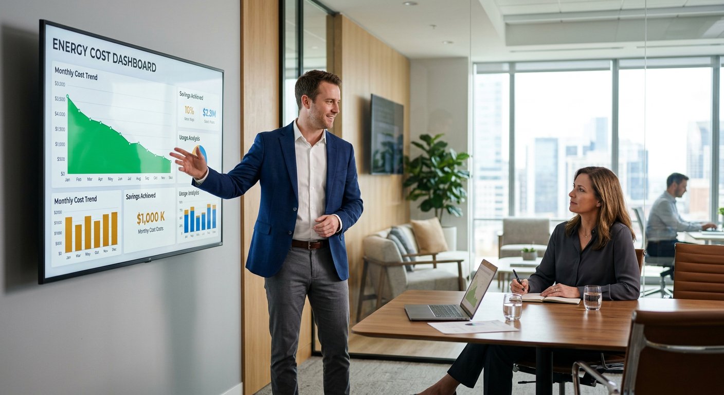 Energy consultant presenting an energy cost dashboard to a client