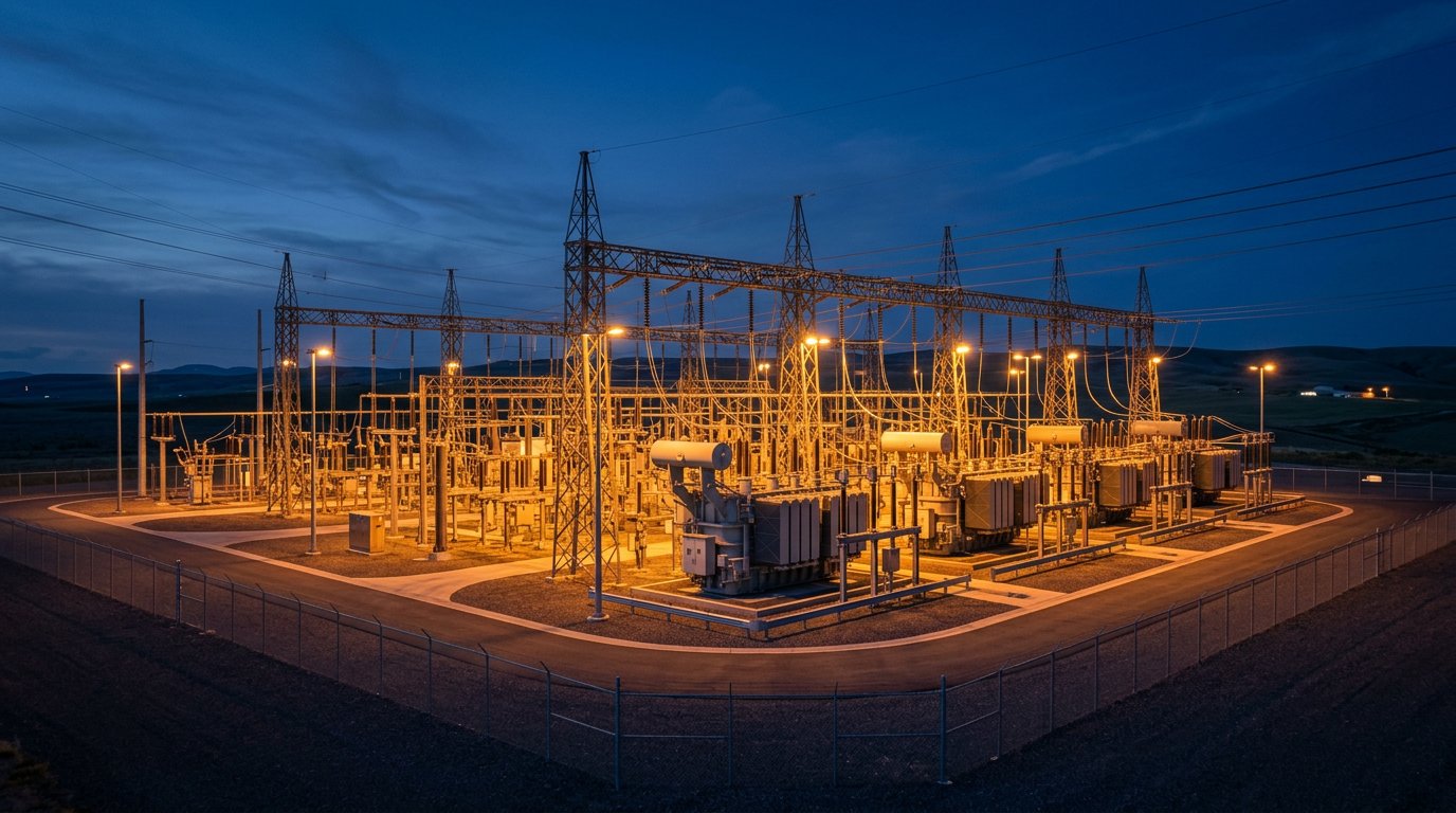 Modern electrical substation at dusk with warm amber lighting
